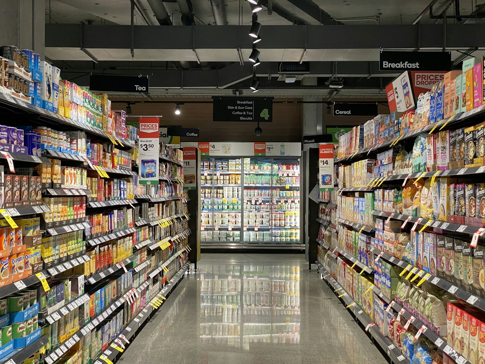 Packaged consumer goods on supermarket shelves