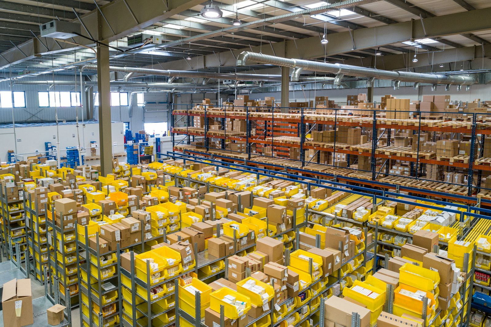 High-bay warehouse with pallet racking and inventory
